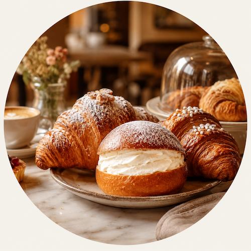 Pasticceria da colazione con cornetti e maritozzi