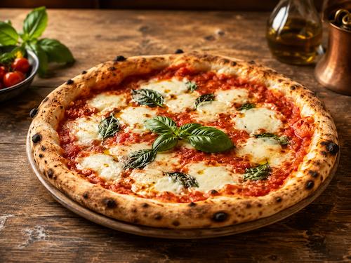 Pizza classica con pomodoro, mozzarella e basilico